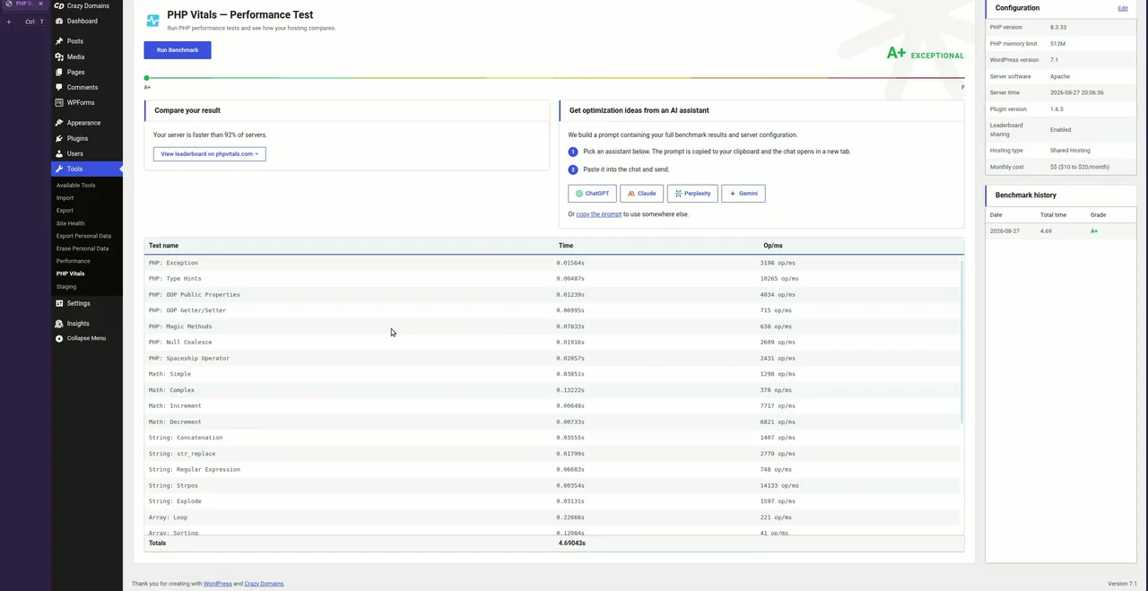 PHP Vitals result showing A+ grade in 4.69 seconds on Crazy Domains