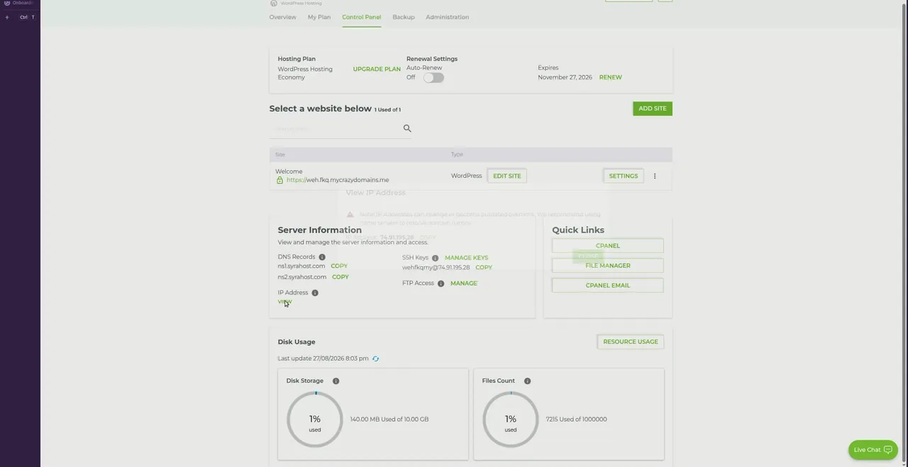 Crazy Domains control panel showing server info, IP 74.91.195.28, disk usage 1% of 10GB