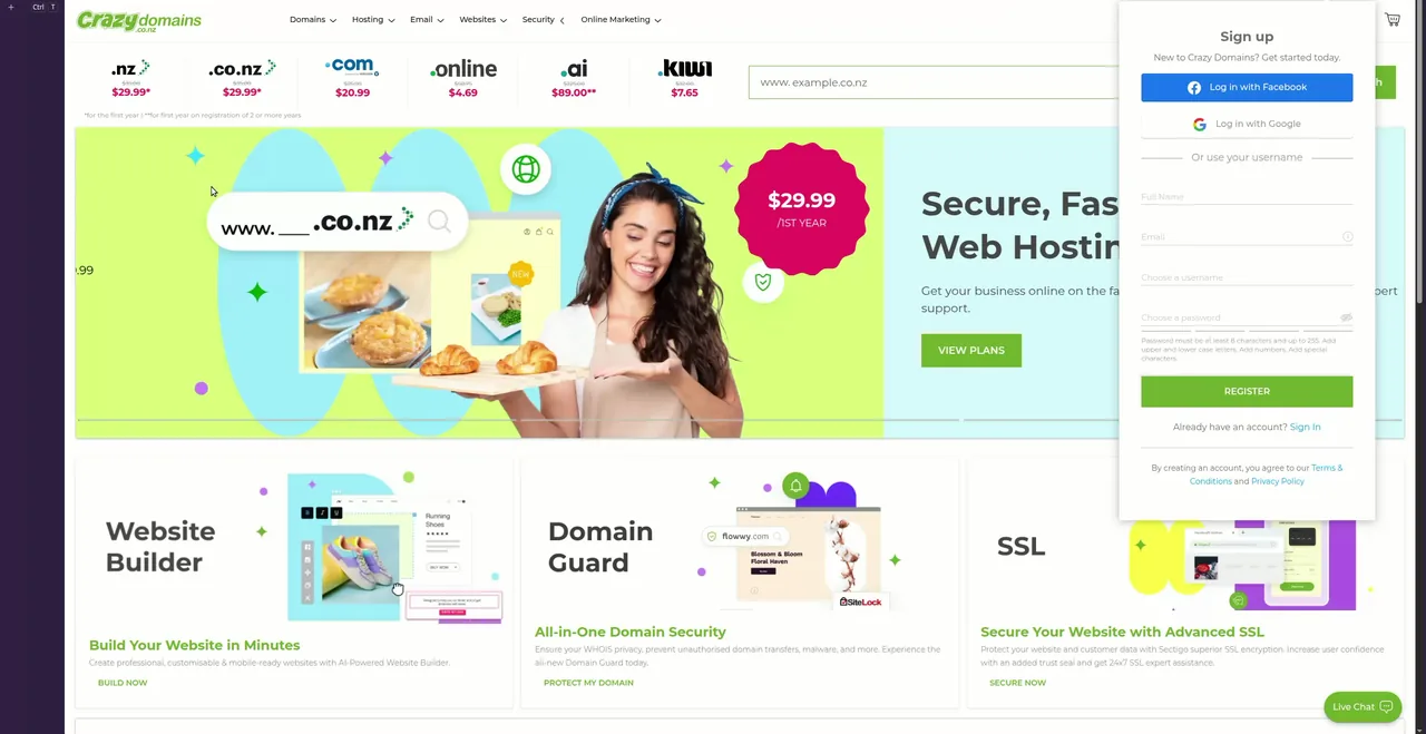 Crazy Domains account registration modal on the NZ homepage