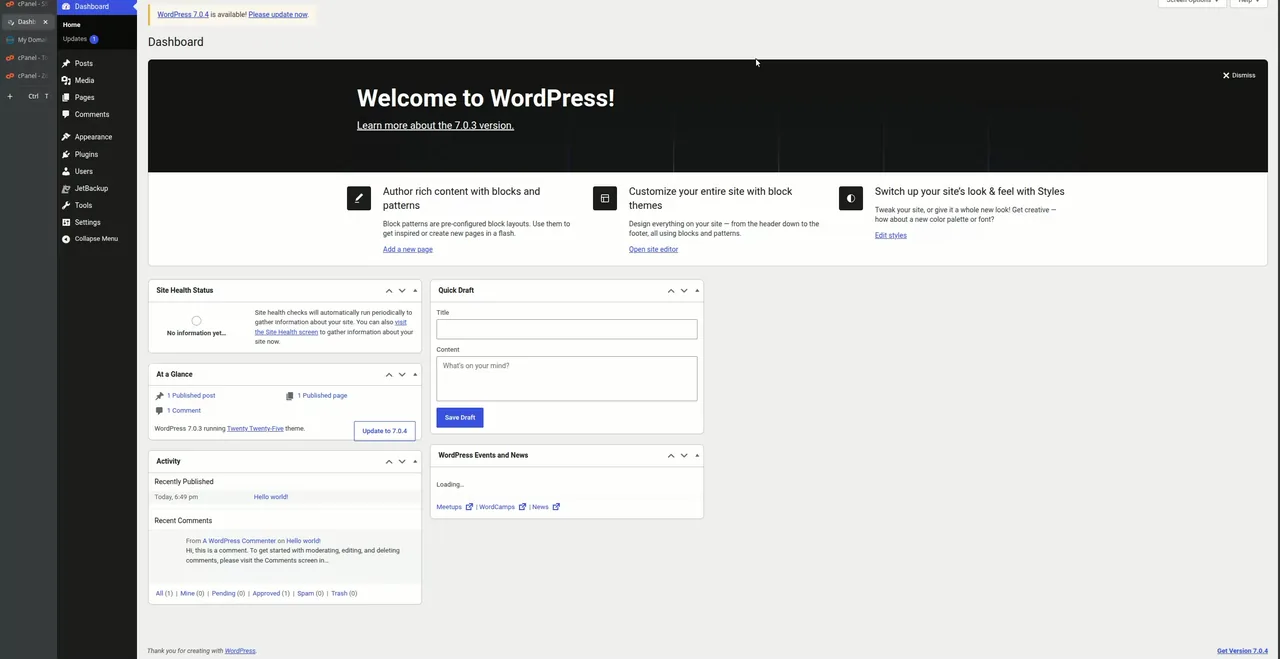 WordPress admin dashboard on Hoopla after install